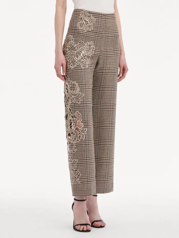 Oscar De La Renta Peony Guipure Appliqu Plaid Pant Cocoa Multi Women Pants and Skirts