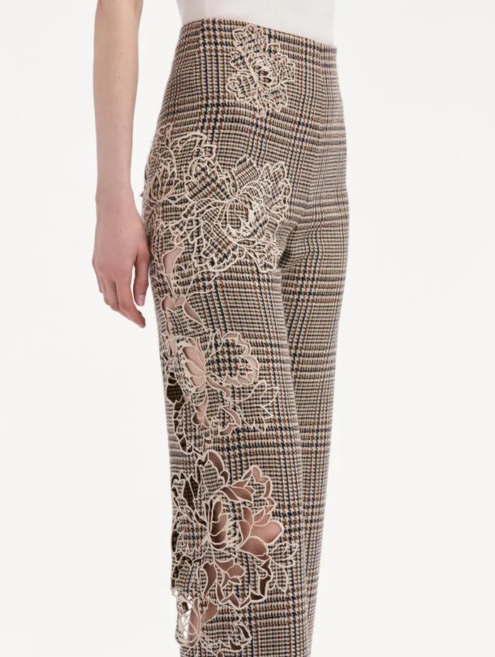 Oscar De La Renta Peony Guipure Appliqu Plaid Pant Cocoa Multi Women Pants and Skirts