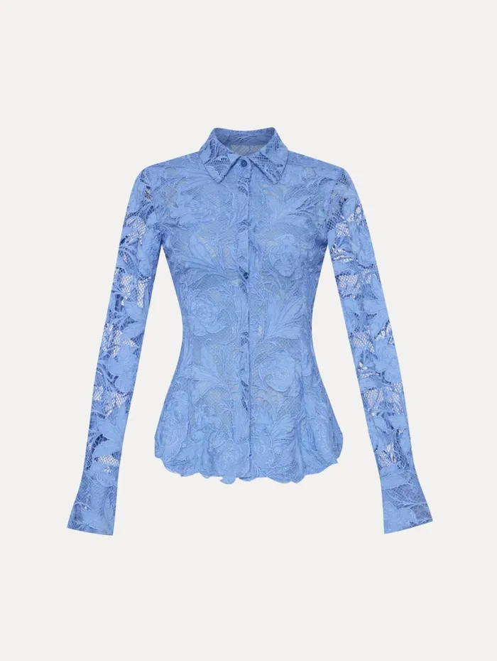 Oscar De La Renta Poppy Guipure Lace Blouse Flax Women Blouses and Knits