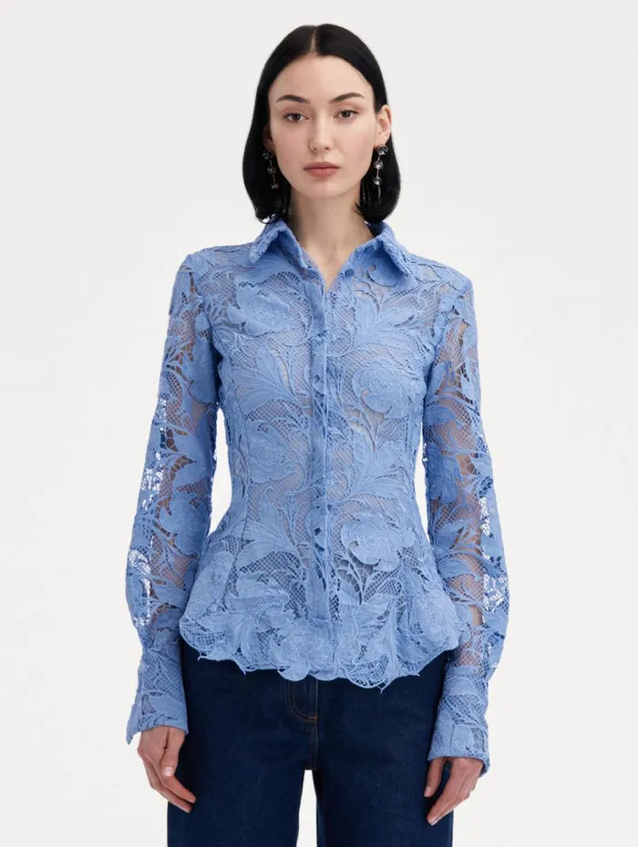 Oscar De La Renta Poppy Guipure Lace Blouse Flax Women Blouses and Knits Oscar De La Renta Poppy Guipure Lace Blouse Flax Women Blouses and Knits