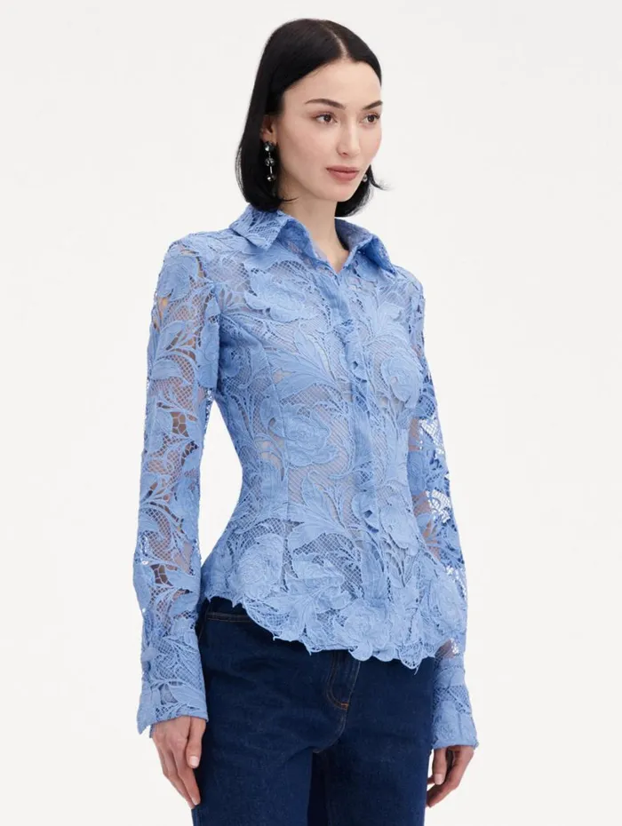 Oscar De La Renta Poppy Guipure Lace Blouse Flax Women Blouses and Knits Oscar De La Renta Poppy Guipure Lace Blouse Flax Women Blouses and Knits