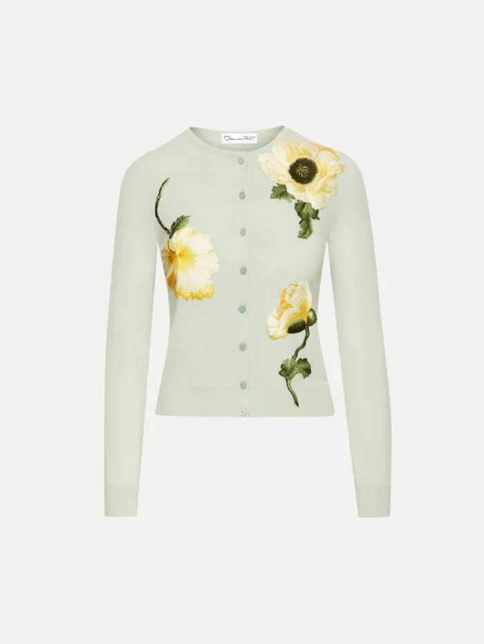 Oscar De La Renta Poppy Threadwork Cardigan Sage Yellow Women Blouses and Knits