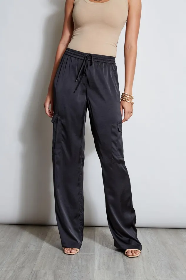 Outlet 8211 Women Bottoms Elie Tahari Relaxed Satin Cargo Pant Black