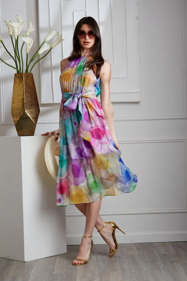 Outlet 8211 Women Dresses and Jumpsuits Elie Tahari Pigment Floral Silk Chiffon Halter Dress Multi
