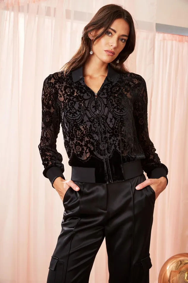 Outlet 8211 Women Jackets and Blazers Elie Tahari Burnout Velvet Bomber Jacket Black