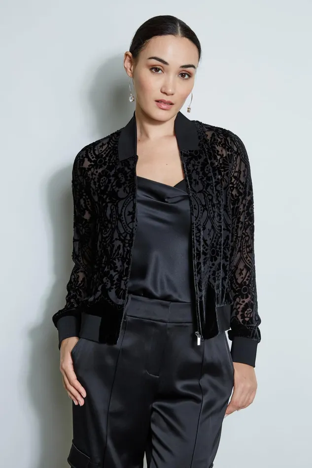 Outlet 8211 Women Jackets and Blazers Elie Tahari Burnout Velvet Bomber Jacket Black