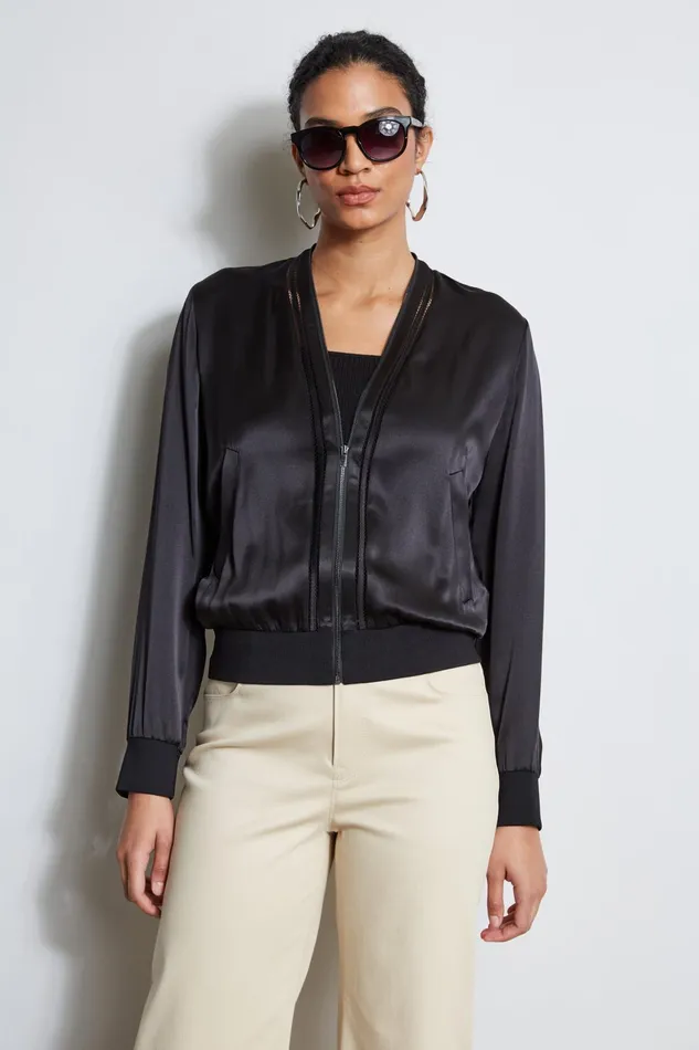 Outlet 8211 Women Jackets and Blazers Elie Tahari Silk Satin Bomber Jacket Black