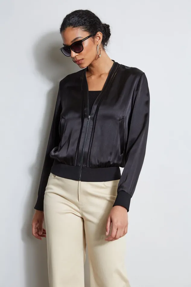 Outlet 8211 Women Jackets and Blazers Elie Tahari Silk Satin Bomber Jacket Black