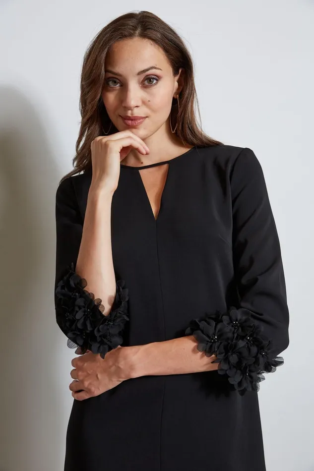 Outlet 8211 Women Long Sleeve Dresses Elie Tahari Flower Applique Sleeve Dress Black