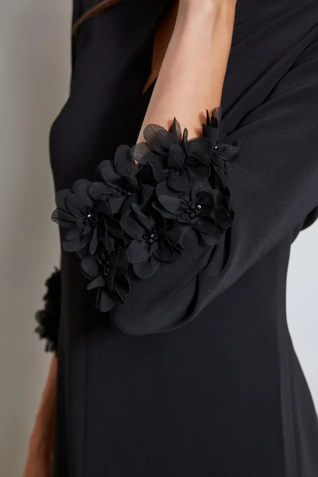 Outlet 8211 Women Long Sleeve Dresses Elie Tahari Flower Applique Sleeve Dress Black