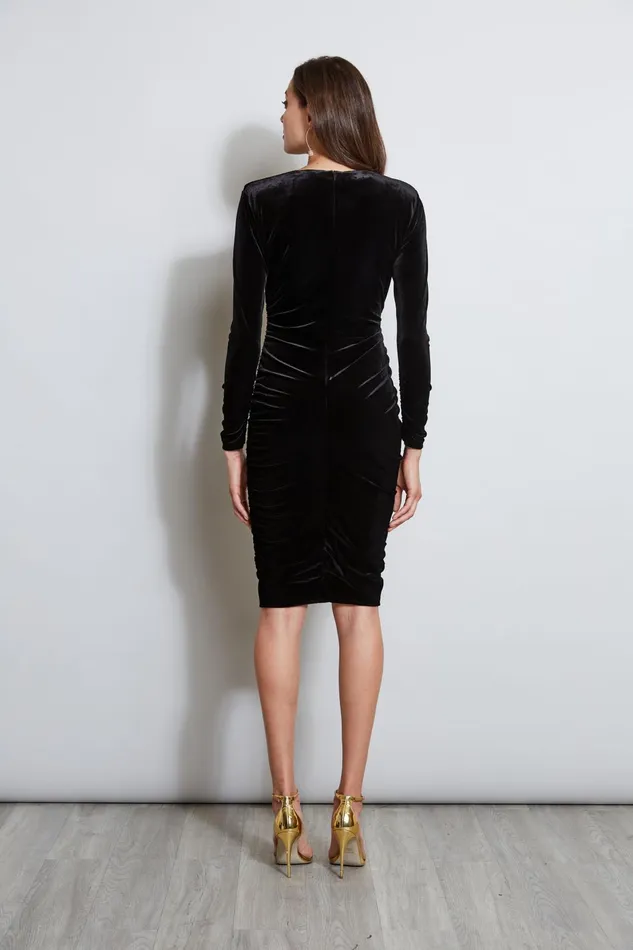 Outlet 8211 Women Long Sleeve Dresses Elie Tahari VNeck Ruched Velvet Dress Black