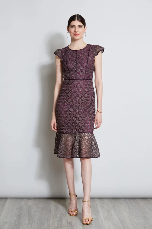 Outlet 8211 Women Midi Dresses Elie Tahari Lace Flutter Sleeve Dress Plum