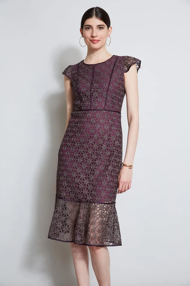 Outlet 8211 Women Midi Dresses Elie Tahari Lace Flutter Sleeve Dress Plum