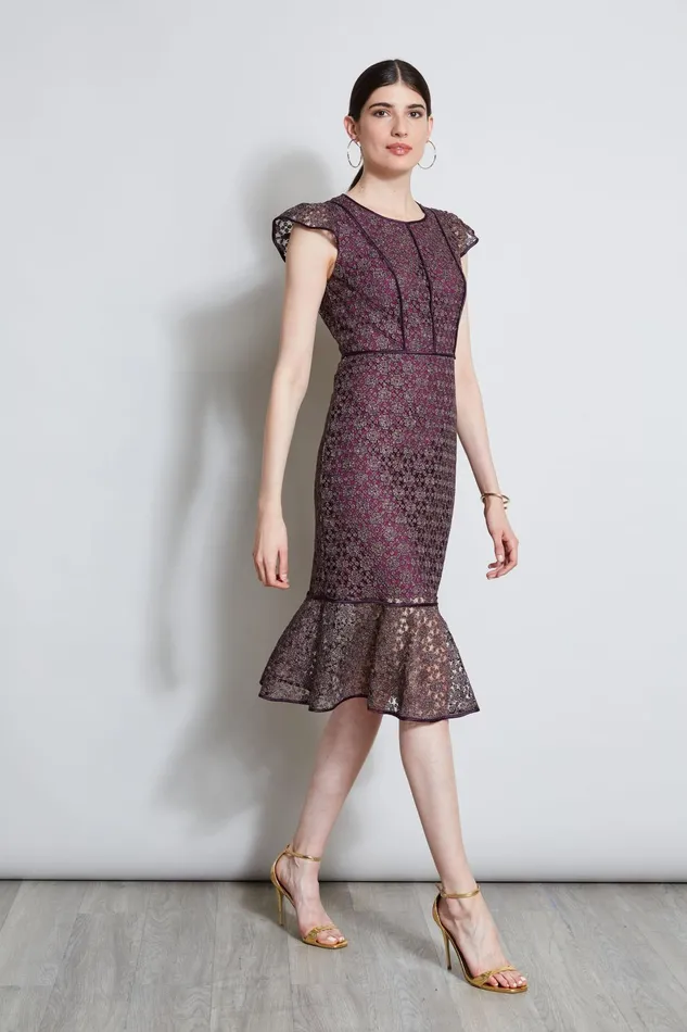Outlet 8211 Women Midi Dresses Elie Tahari Lace Flutter Sleeve Dress Plum