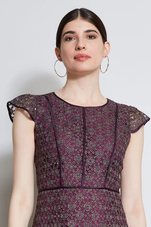 Outlet 8211 Women Midi Dresses Elie Tahari Lace Flutter Sleeve Dress Plum