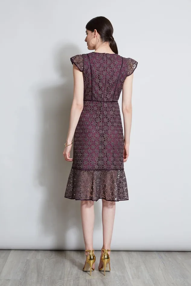 Outlet 8211 Women Midi Dresses Elie Tahari Lace Flutter Sleeve Dress Plum