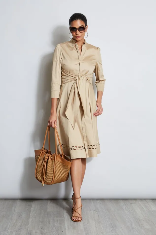 Outlet 8211 Women Midi Dresses Elie Tahari Tie Cotton Midi Dress Sandcastle