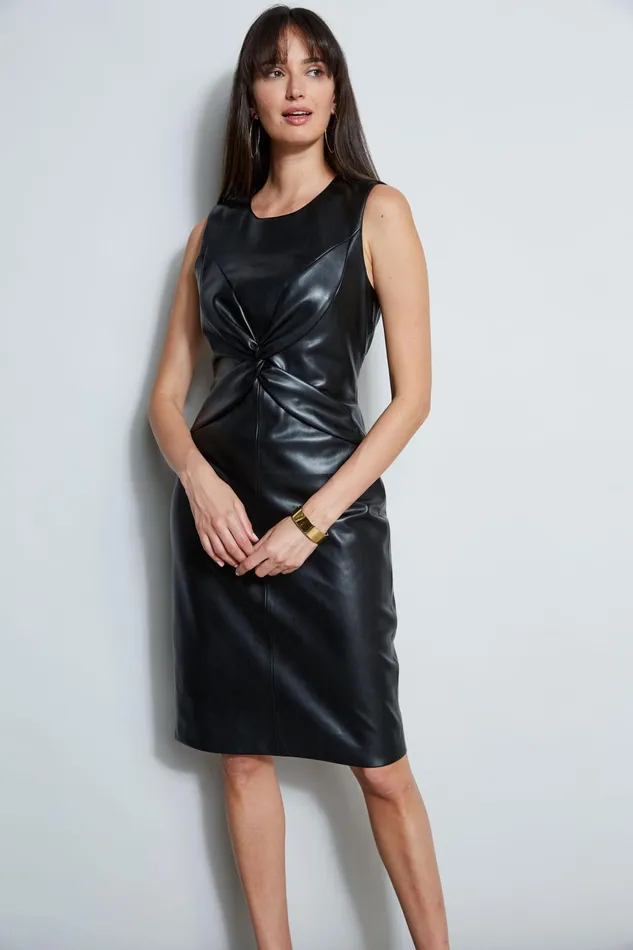 Outlet 8211 Women Short Dresses Elie Tahari Vegan Leather Twist Dress Noir