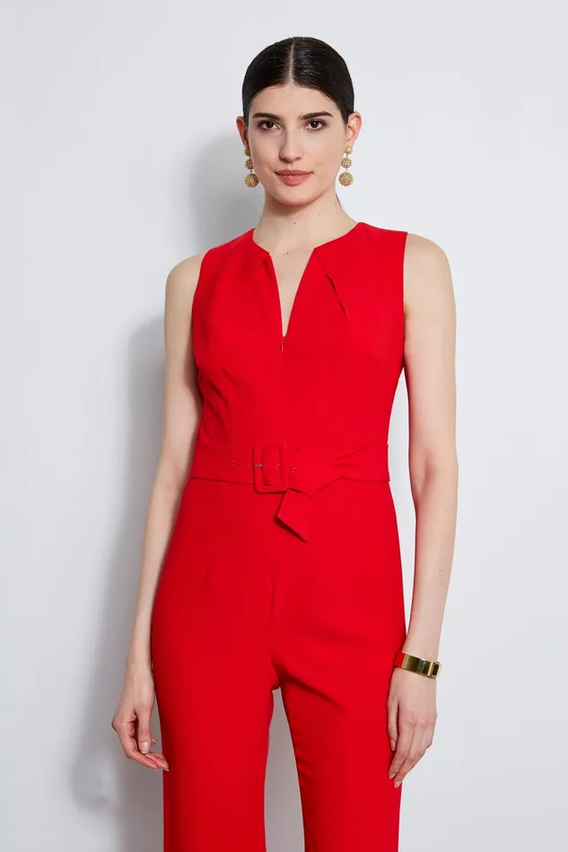 Outlet 8211 Women Sleeveless Dresses Elie Tahari Belted Slit Jumpsuit Berry