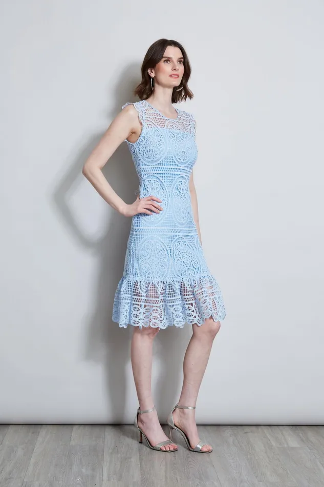 Outlet 8211 Women Sleeveless Dresses Elie Tahari Mosaic Lace Dress Pool Blue