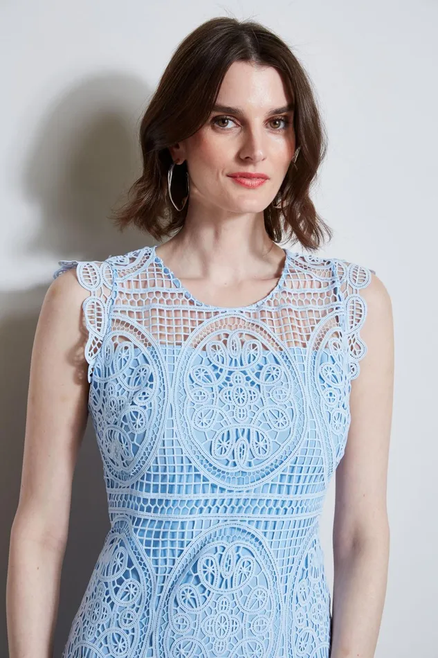 Outlet 8211 Women Sleeveless Dresses Elie Tahari Mosaic Lace Dress Pool Blue