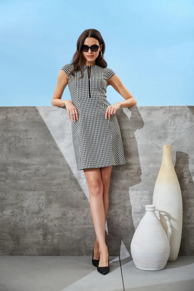 Outlet 8211 Women Suiting Elie Tahari Gingham Fit and Flare Dress Blackwhite