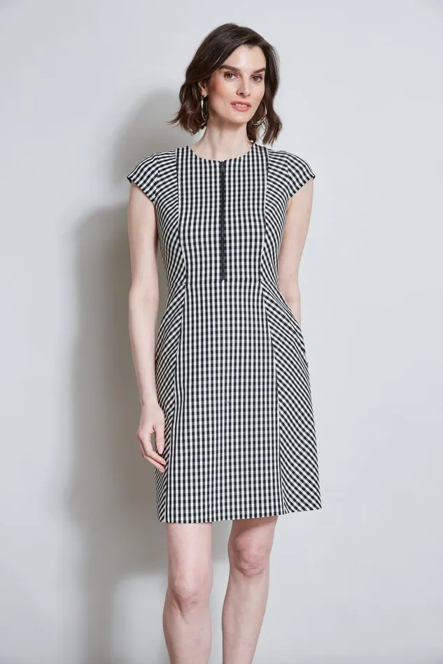 Outlet 8211 Women Suiting Elie Tahari Gingham Fit and Flare Dress Blackwhite