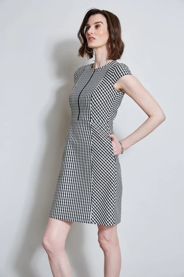 Outlet 8211 Women Suiting Elie Tahari Gingham Fit and Flare Dress Blackwhite