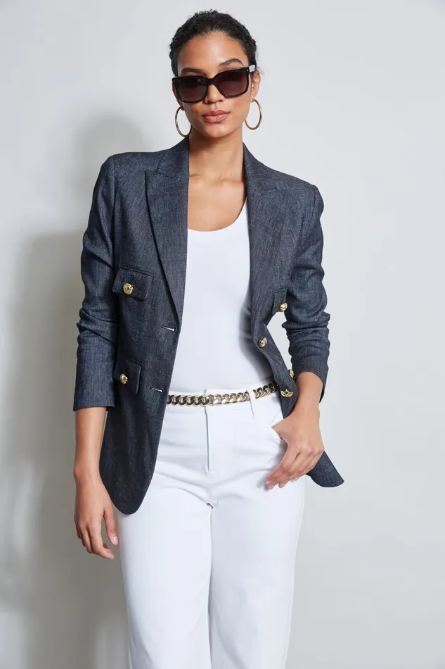 Outlet 8211 Women Suiting Elie Tahari Linen Crest Button Blazer Denim