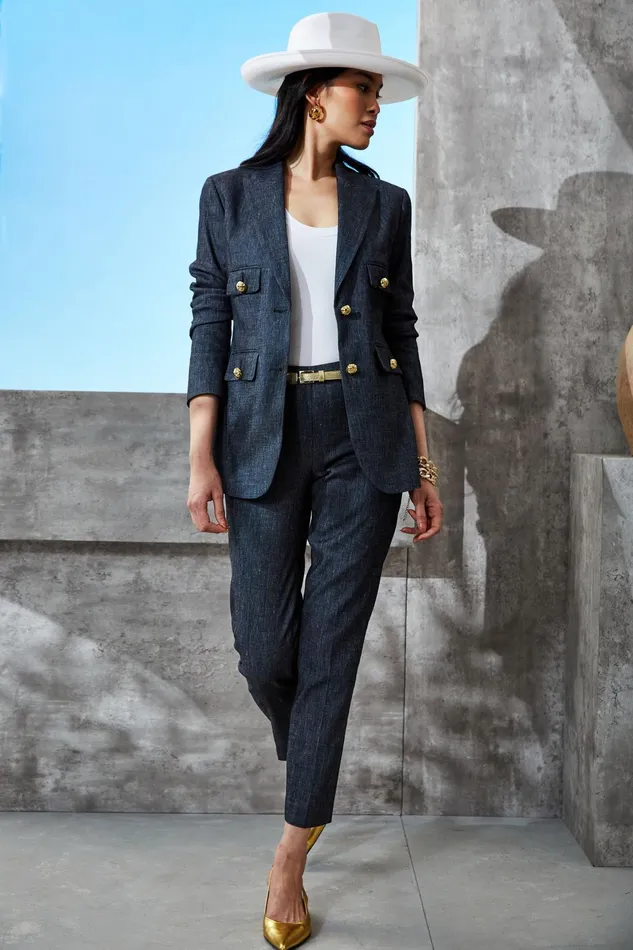 Outlet 8211 Women Suiting Elie Tahari Linen Crest Button Blazer Denim