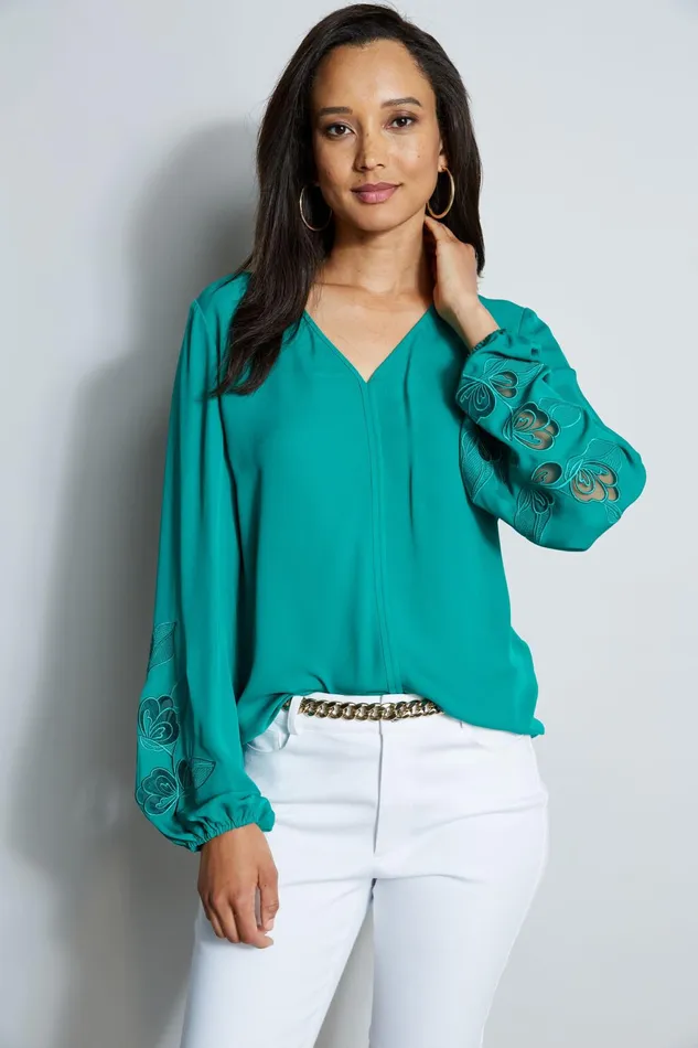 Outlet 8211 Women Tops Elie Tahari Embroidered Long Sleeve Shirt Tahiti Green