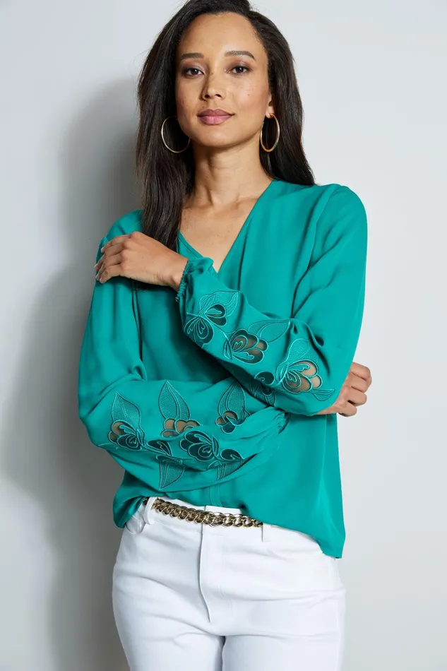 Outlet 8211 Women Tops Elie Tahari Embroidered Long Sleeve Shirt Tahiti Green
