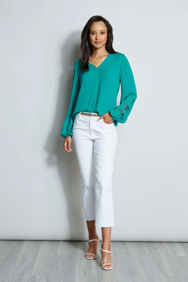 Outlet 8211 Women Tops Elie Tahari Embroidered Long Sleeve Shirt Tahiti Green