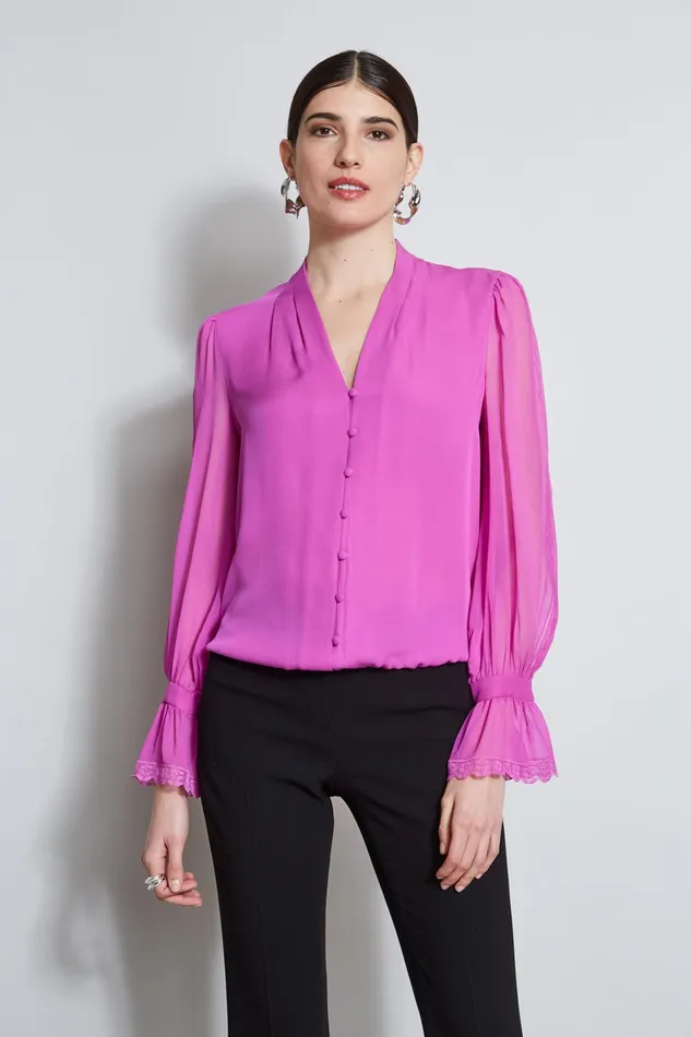Outlet 8211 Women Tops Elie Tahari Embroidered Sleeve Blouson Shirt Peony
