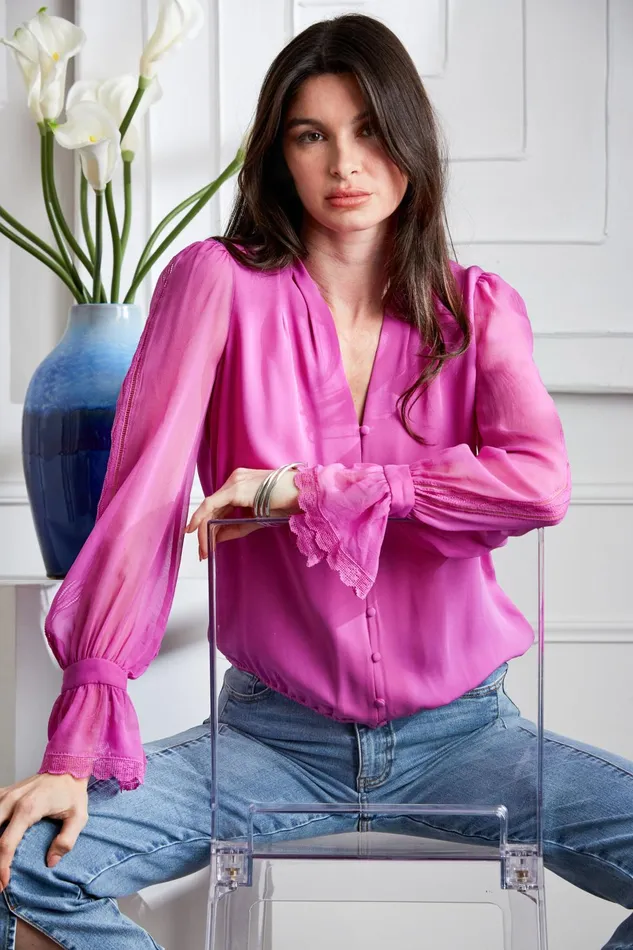 Outlet 8211 Women Tops Elie Tahari Embroidered Sleeve Blouson Shirt Peony