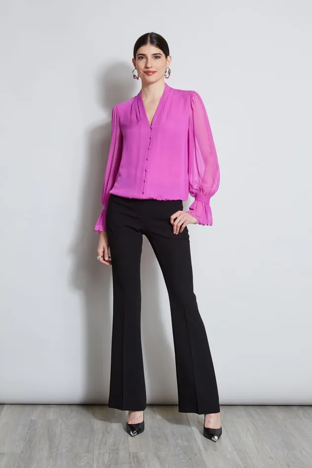 Outlet 8211 Women Tops Elie Tahari Embroidered Sleeve Blouson Shirt Peony