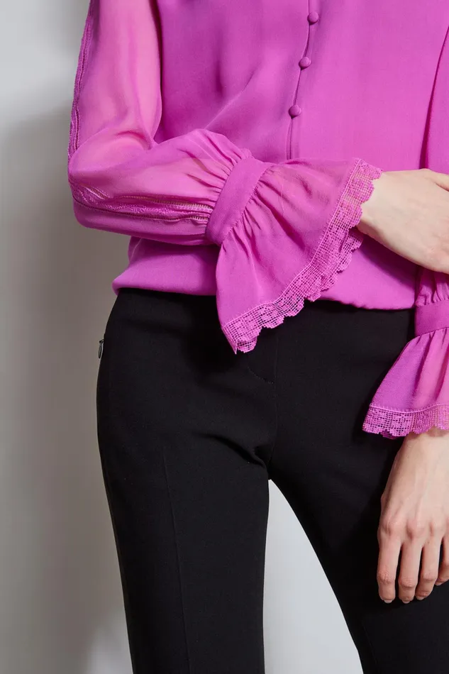 Outlet 8211 Women Tops Elie Tahari Embroidered Sleeve Blouson Shirt Peony