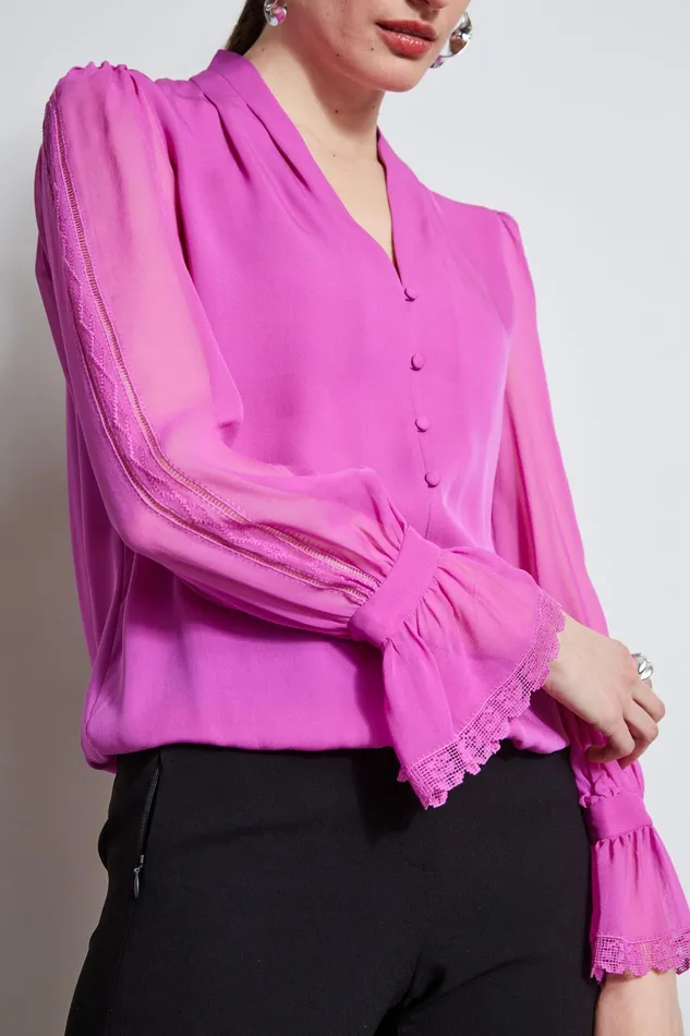 Outlet 8211 Women Tops Elie Tahari Embroidered Sleeve Blouson Shirt Peony