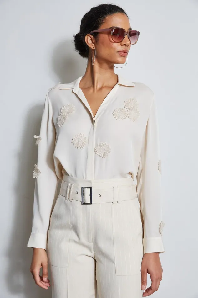 Outlet 8211 Women Tops Elie Tahari Floral Applique Shirt Ivoryivory