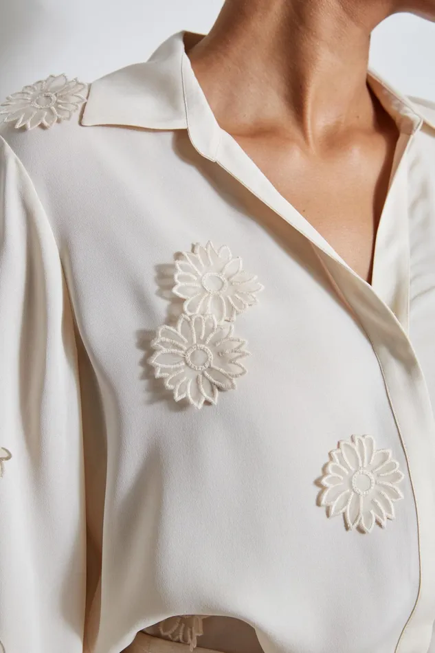 Outlet 8211 Women Tops Elie Tahari Floral Applique Shirt Ivoryivory