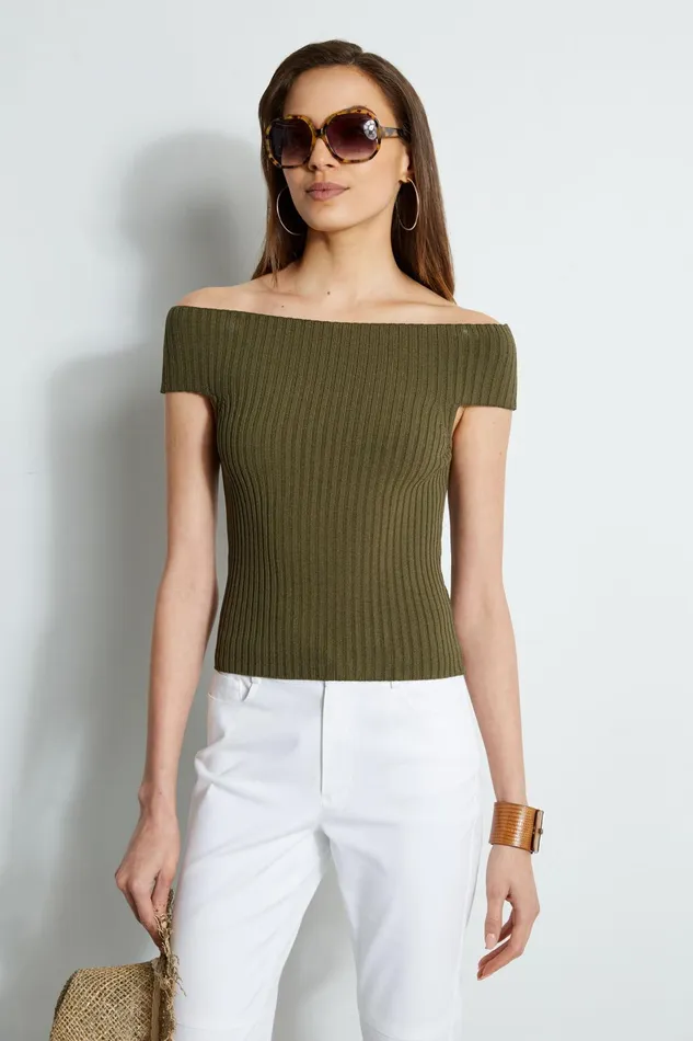 Outlet 8211 Women Tops Elie Tahari Off Shoulder Rib Sweater Tuscan Olive
