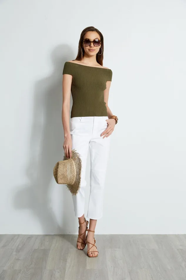 Outlet 8211 Women Tops Elie Tahari Off Shoulder Rib Sweater Tuscan Olive