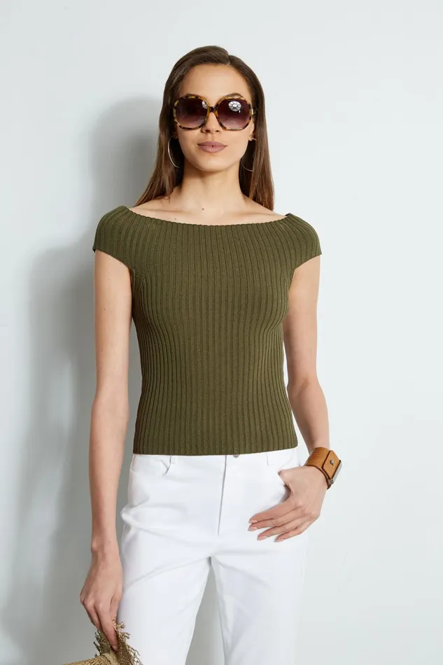 Outlet 8211 Women Tops Elie Tahari Off Shoulder Rib Sweater Tuscan Olive