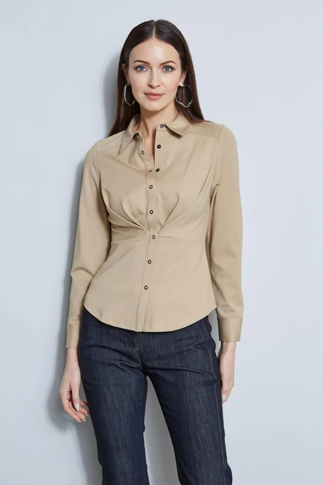 Outlet 8211 Women Tops Elie Tahari Ponte Pleated Button Down Shirt Sandcastle