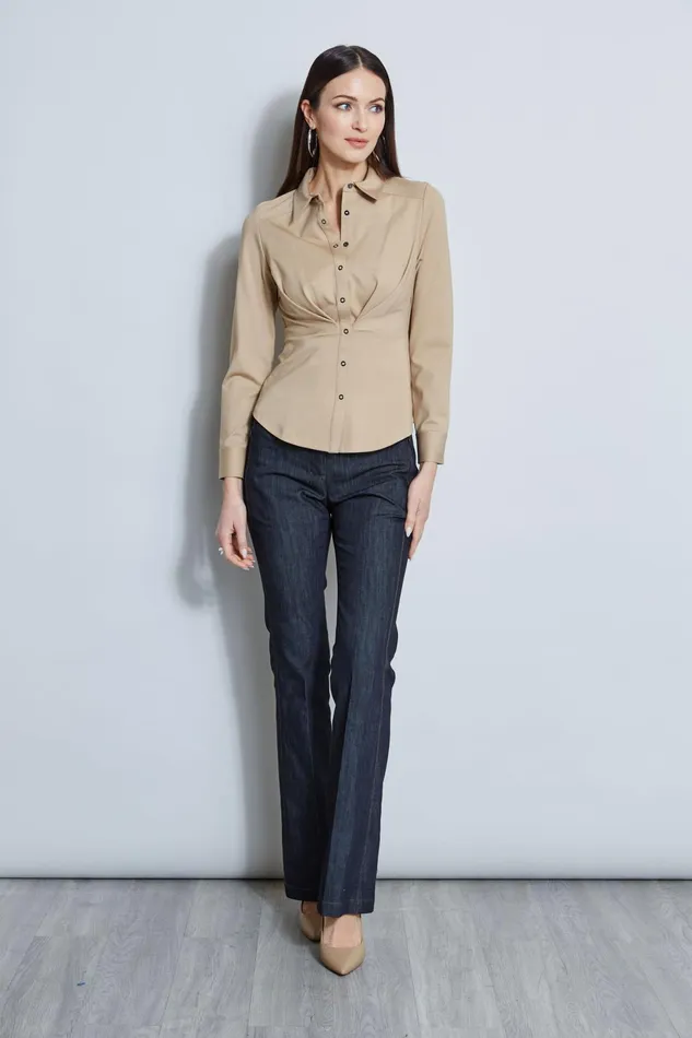 Outlet 8211 Women Tops Elie Tahari Ponte Pleated Button Down Shirt Sandcastle
