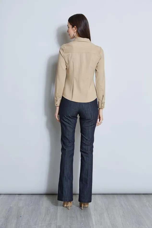 Outlet 8211 Women Tops Elie Tahari Ponte Pleated Button Down Shirt Sandcastle