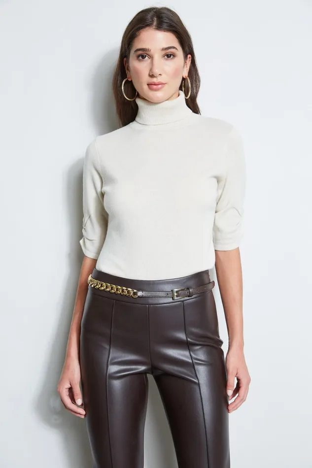 Outlet 8211 Women Tops Elie Tahari Short Sleeve Cashmere Turtleneck Sweater Buff Melange
