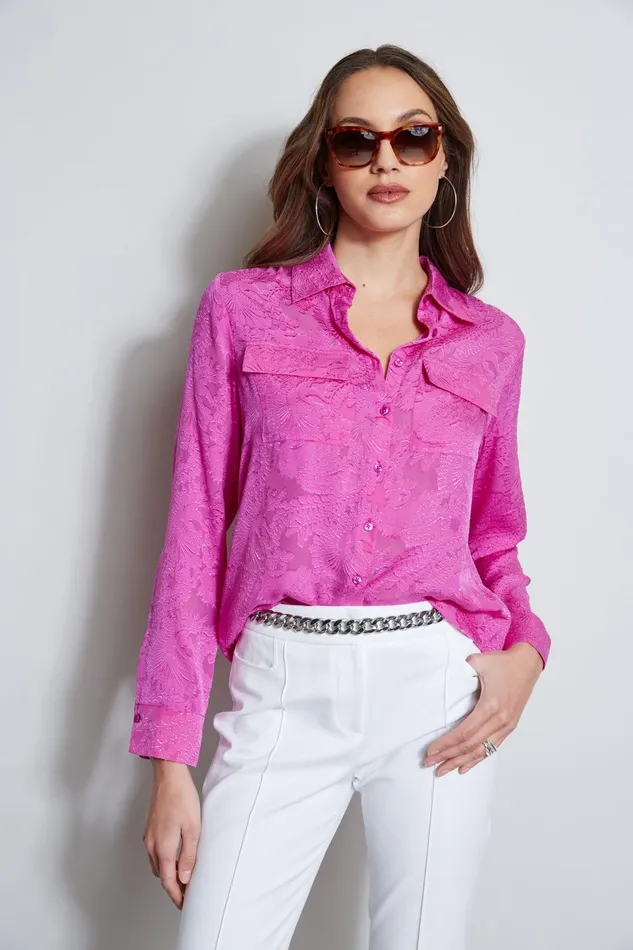 Outlet 8211 Women Tops Elie Tahari Silk Jacquard Utility Shirt Peony
