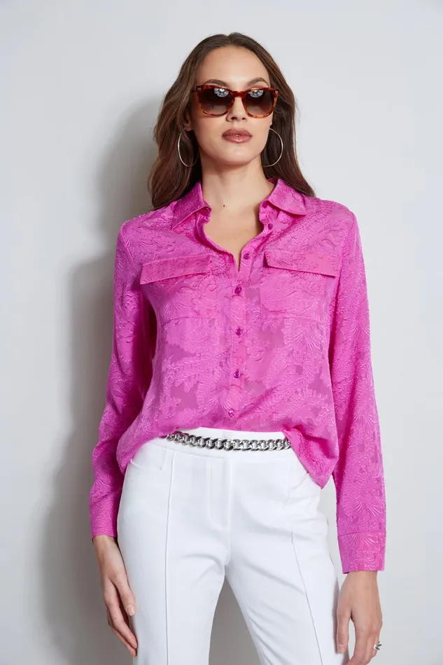 Outlet 8211 Women Tops Elie Tahari Silk Jacquard Utility Shirt Peony