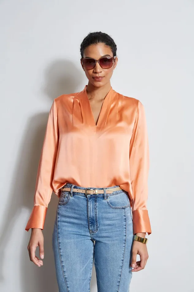 Outlet 8211 Women Tops Elie Tahari Silk Satin Contour Neck Shirt Tangerine